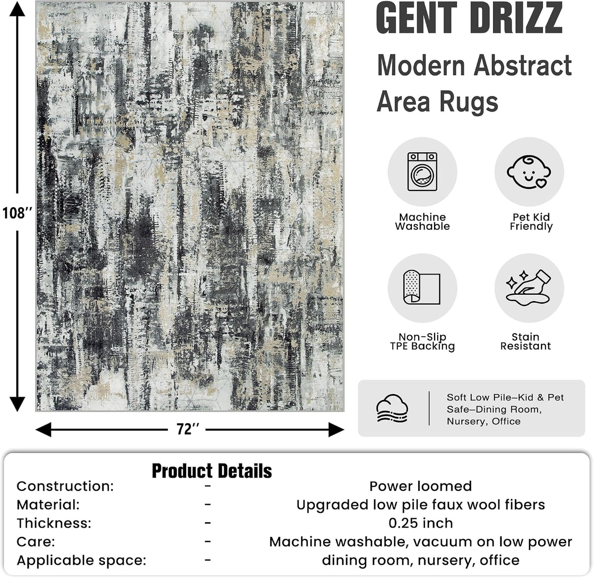 6X9 Area Rugs for Living Room: Washable Abstract Black Grey Gold Carpet