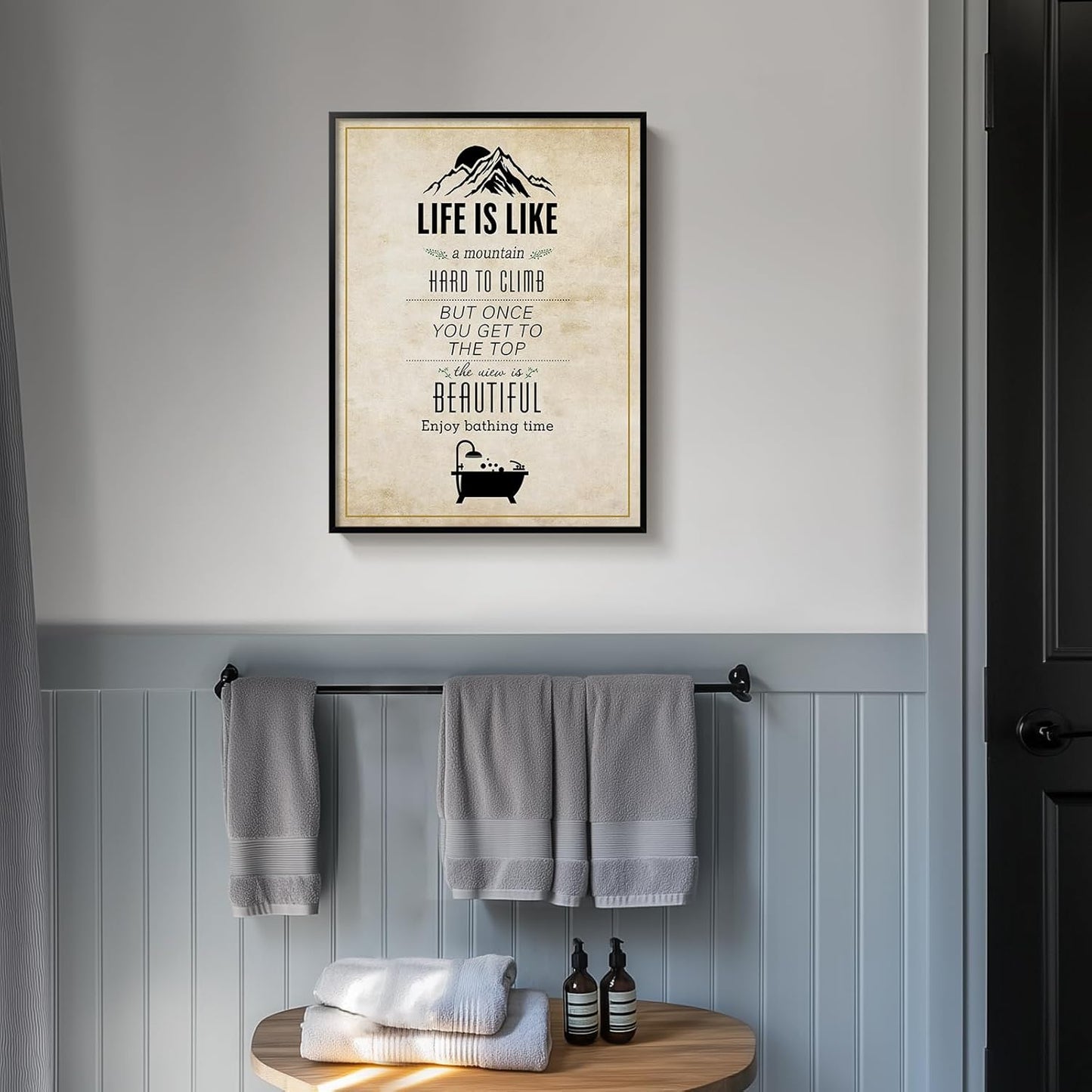 Framed Bathroom Wall Art Decor, Rustic Inspirational Canvas Painting Print Artwork, Neutral Black and White