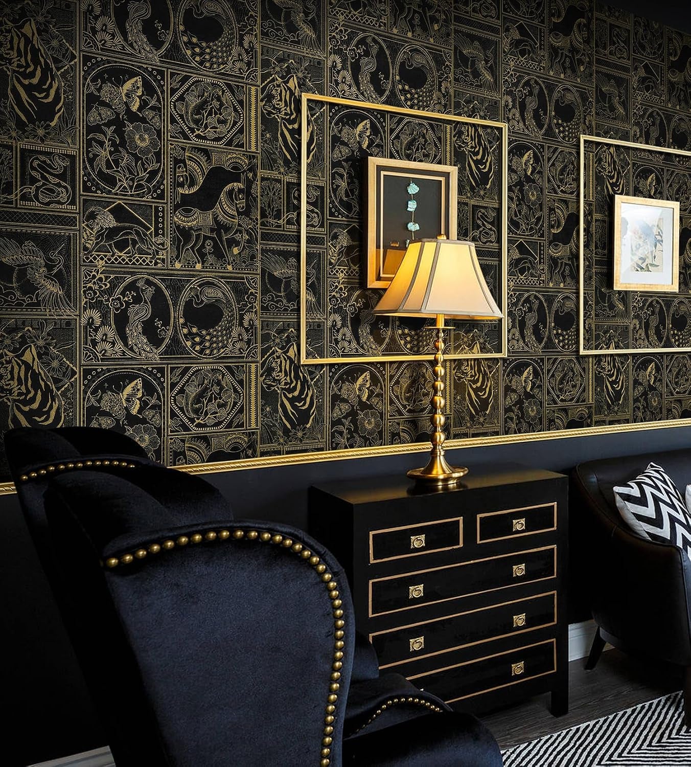 Vintage Peel and Stick Wallpaper Black and Gold Contact Paper, 394"X17.7" Peel and Stick Removable Animal Pattern