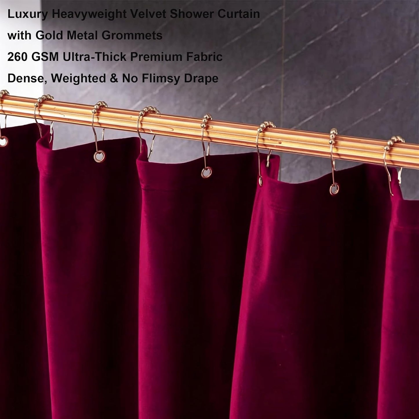 Luxury Velvet Burgundy Shower Curtains for Bathroom, 72 X 72 Inches