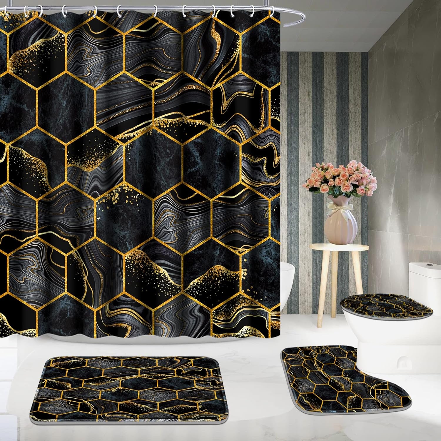 Shower Curtain Set with Rugs,Bathroom Accessory Set, Including Non-Slip Rugs,Toilet Lid Cover and Bath Mat, Waterproof Shower Curtain with 12 Hooks,Black