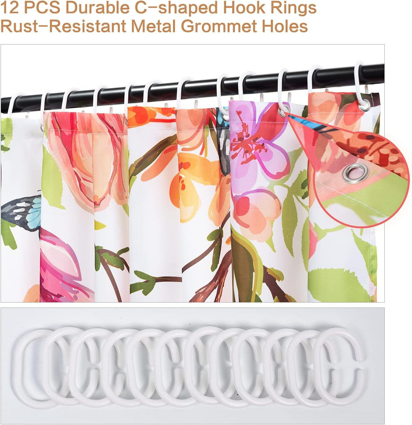 Watercolor Hummingbird Floral Shower Curtain, Spring Pink Peach Blossom Butterfly Bird, Waterproof Polyester Fabric with Hooks, 72 X 72 Inches