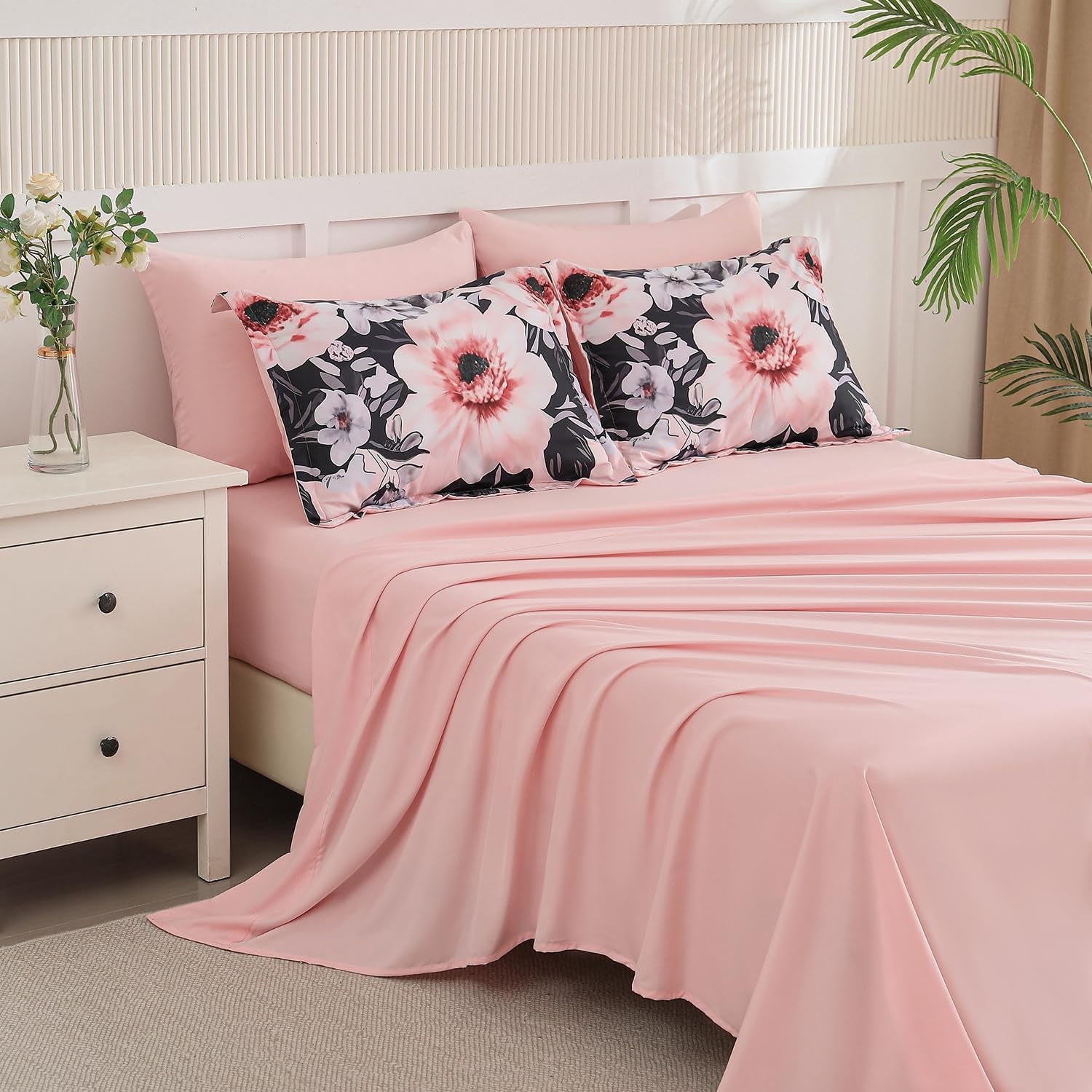 Queen Comforter Set 7 Piece Bed in a Bag, Pink Black Floral Botanical Pattern Blush Bedding Set, with Sheet Set, (Pink Black,Queen)