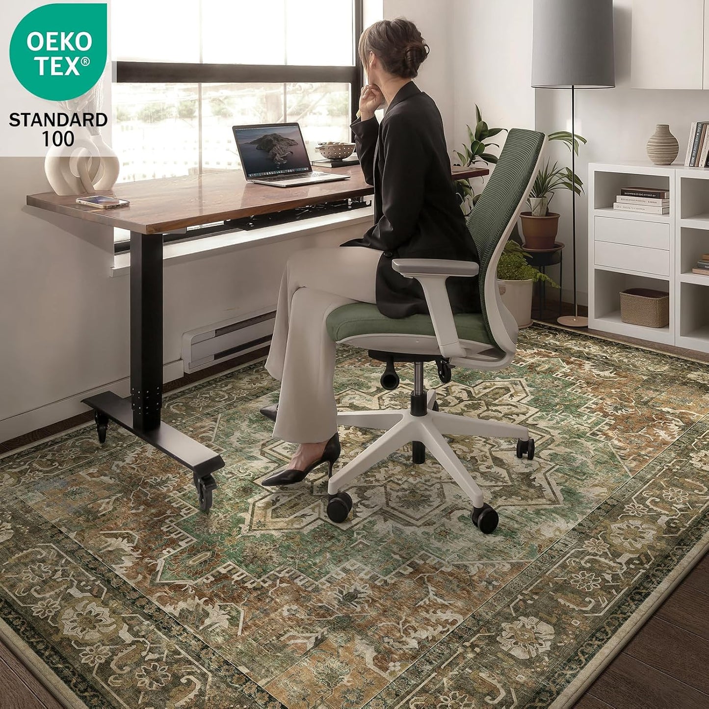 Green Vintage Floral Washable 5X7 Area Rug Non-Slip