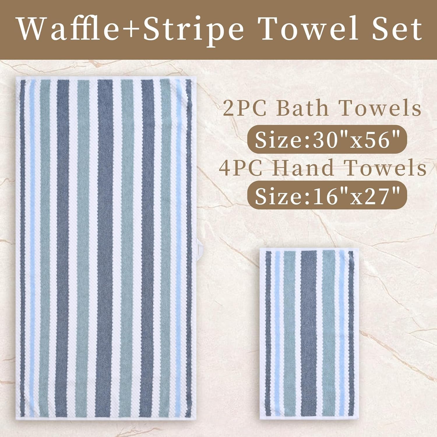 Thick Waffle Towels for Bathroom - Cotton, 6 Piece, Blue Gray Striped and White Checkered