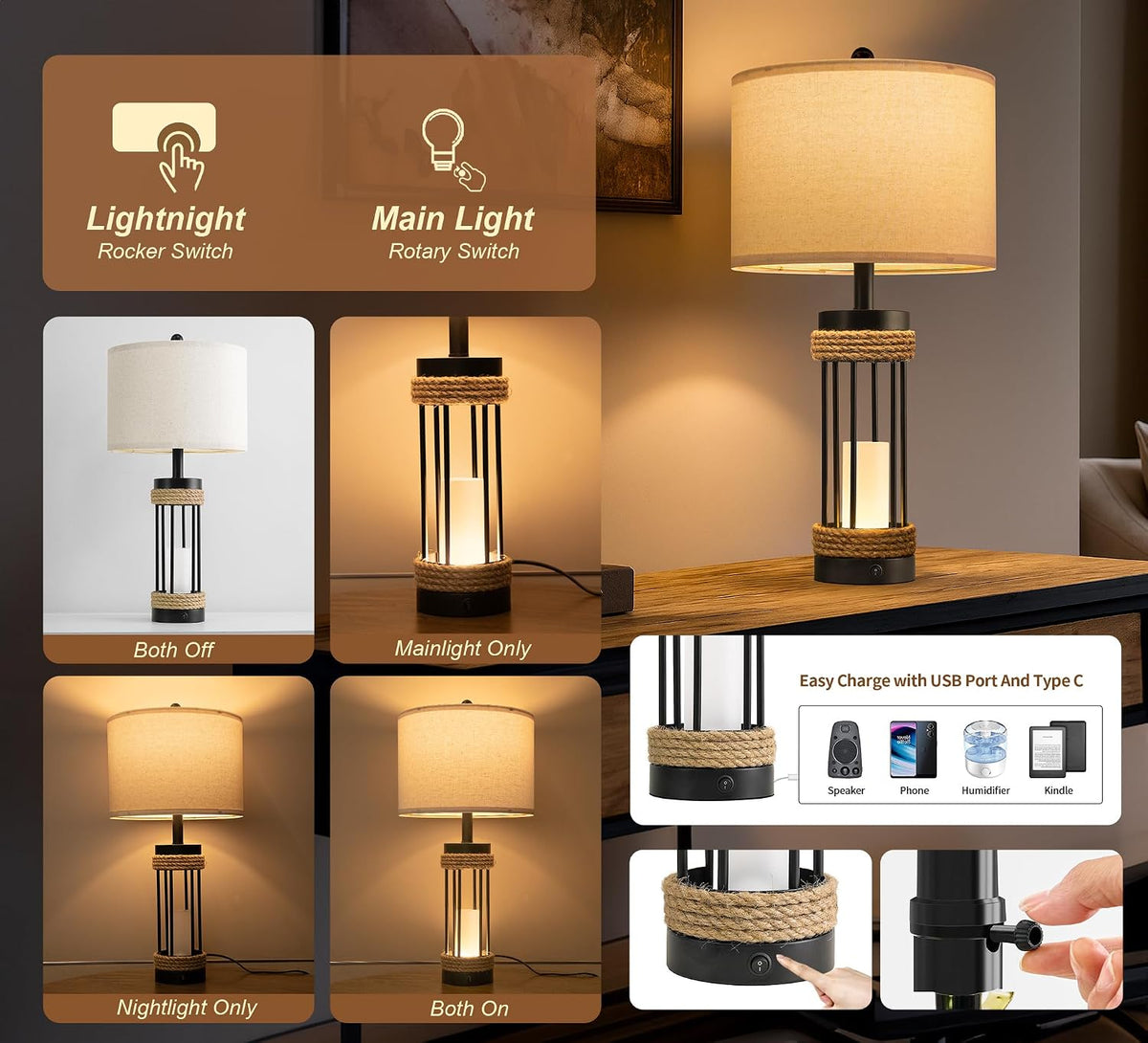25" Table Lamps Set of 2, Rustic Lamps with USB C+A Charging Ports, Black Metal Lamp with Rope Accent and Frosted Glass