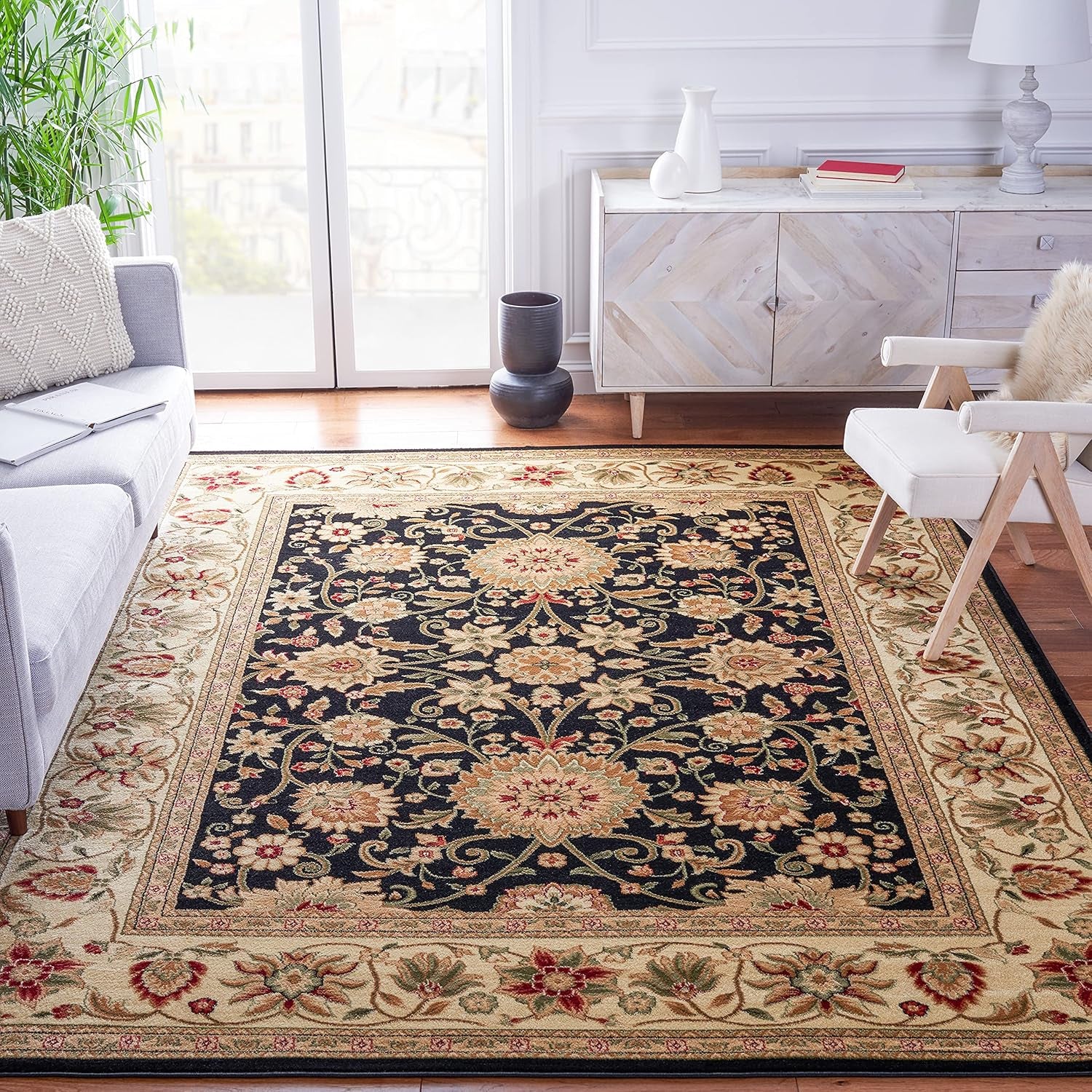 Lyndhurst Collection 6' Square Black/Ivory LNH212A Traditional Oriental, Area Rug