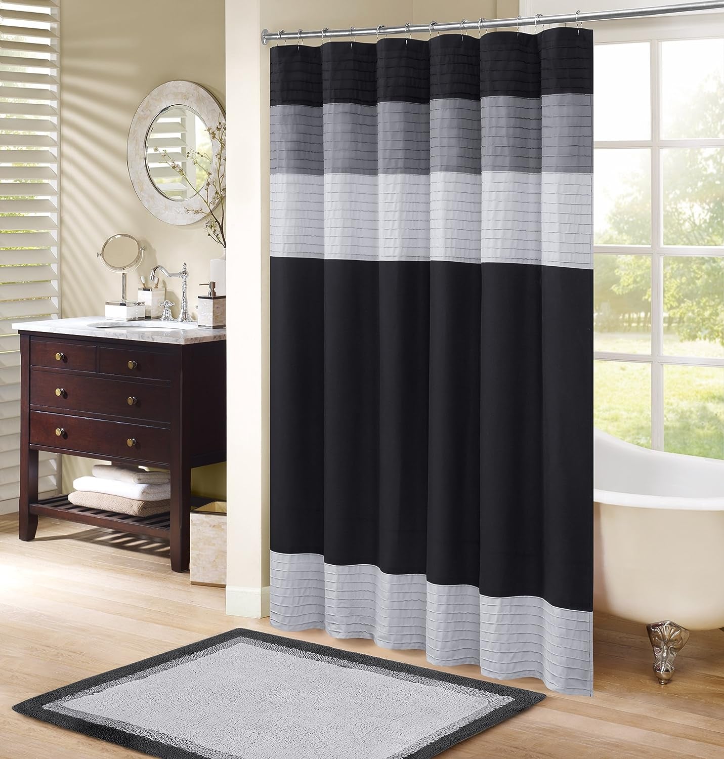 Windsor Bathroom Shower Pieced Ruffle Pattern Curtain, 72X72, Black