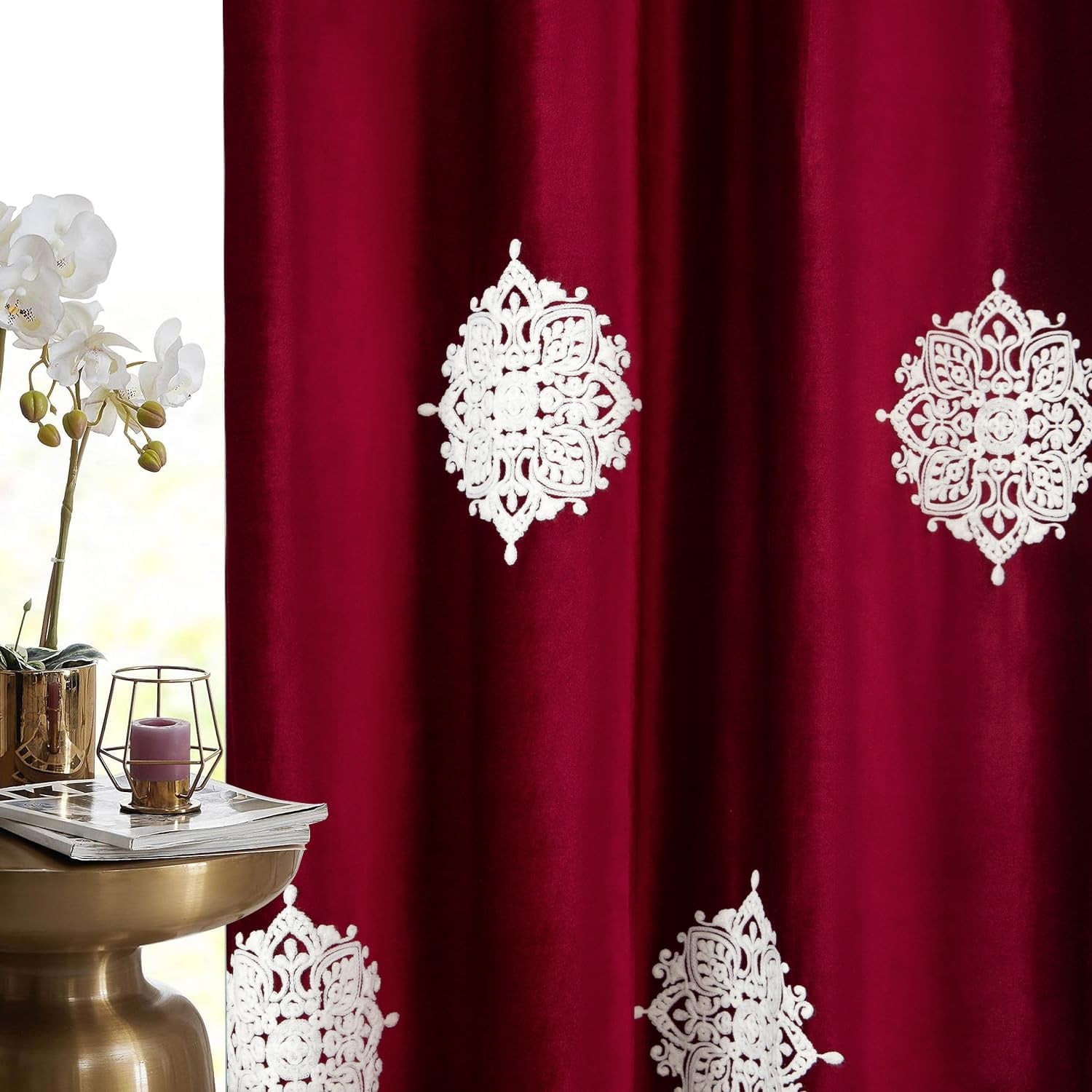 Short Floral Curtains & Drapes, Burgundy Red Velvet, Elegant Panels, 52X63, 2 Pieces