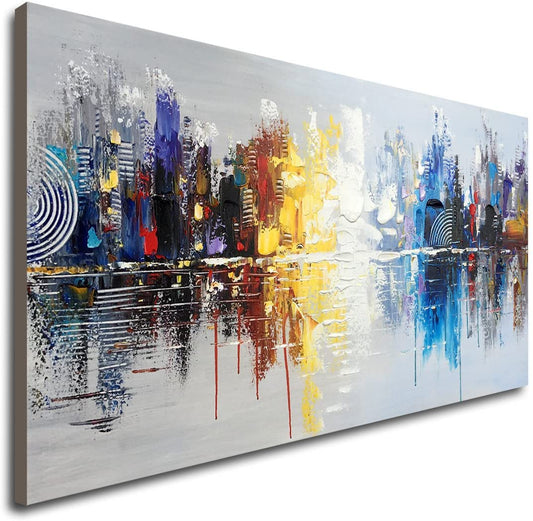 Hand-Painted Textured City Oil Painting on Canvas Reflection Abstract Cityscape Wall Art for Decor