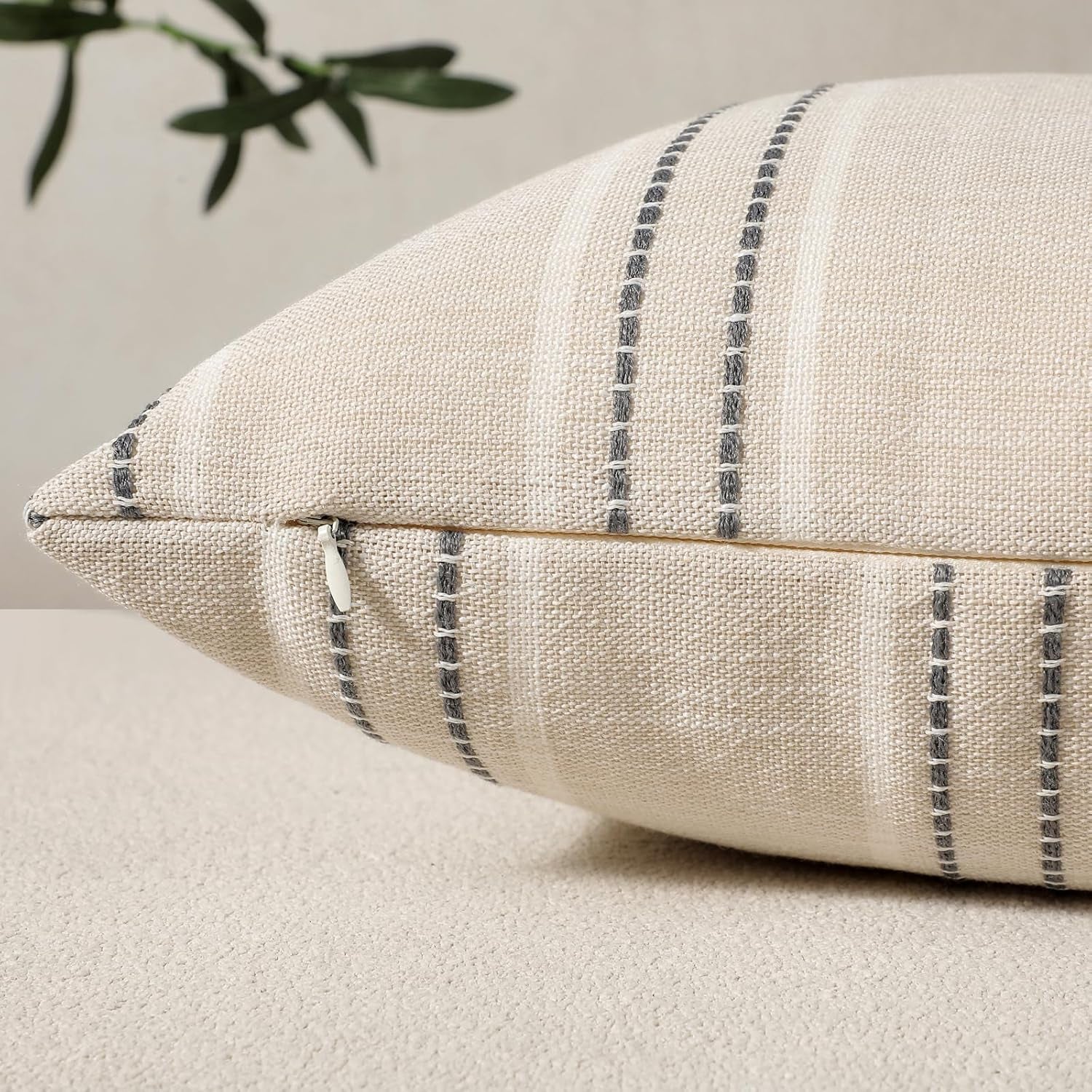 Hand Made Throw Pillow Covers 12X20 Set of 2 Striped Pillow Covers Textured Linen, Grey