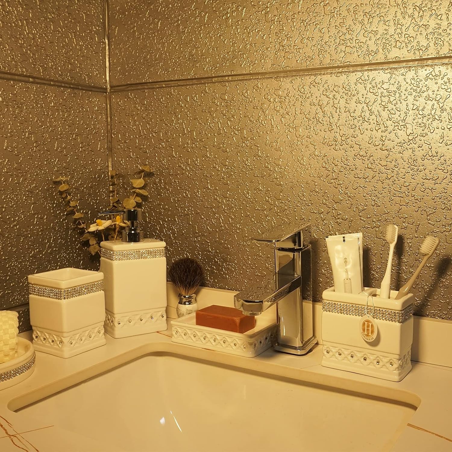 Bathroom Accessories Set 4 Pcs-Ceramic Set, Soap Dispenser Pump, Toothbrush Holder, & Tumbler Cup & Soap Dish 