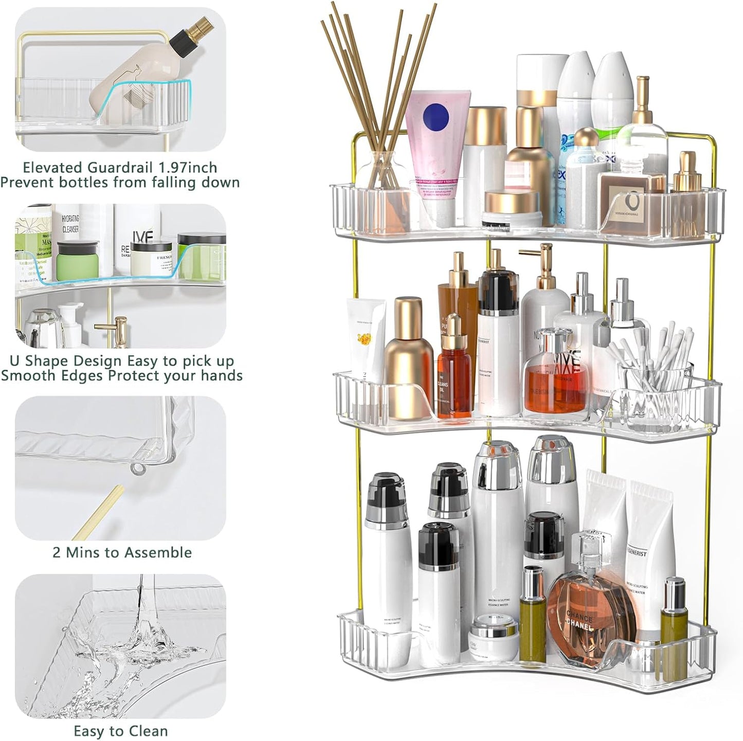 Corner Bathroom Counter Organizer, 3 Tier Bathroom Countertop Organizers Shelf, Makeup & Perfume Organizer Tray 