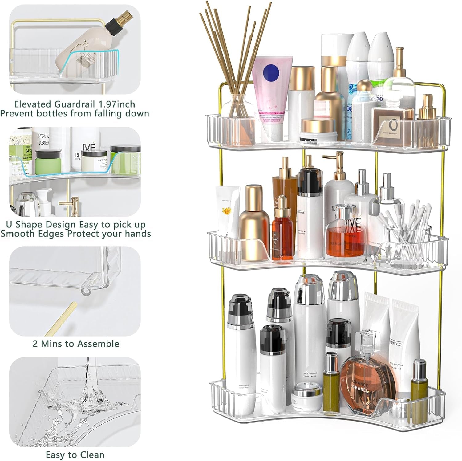Corner Bathroom Counter Organizer, 3 Tier Bathroom Countertop Organizers Shelf, Makeup & Perfume Organizer Tray 