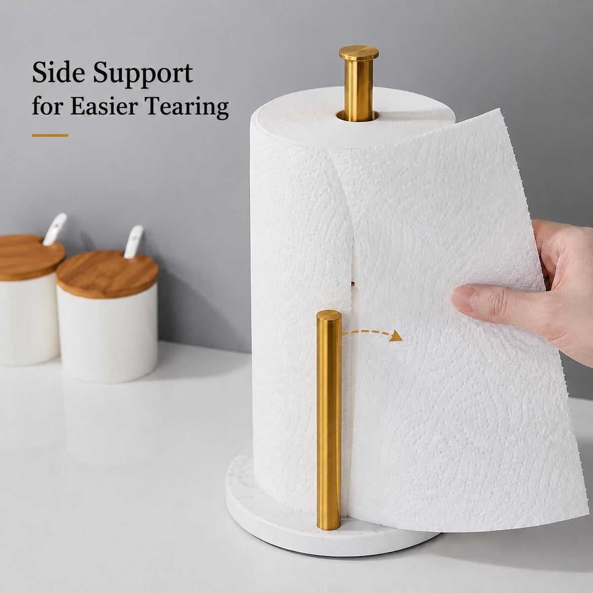 Brushed Gold Paper Towel Holder for Kitchen Countertop, 304 Stainless Steel Roll Dispenser with White Engineered Marble Weighted Base, Freestanding Paper Towel Stand for Standard Rolls