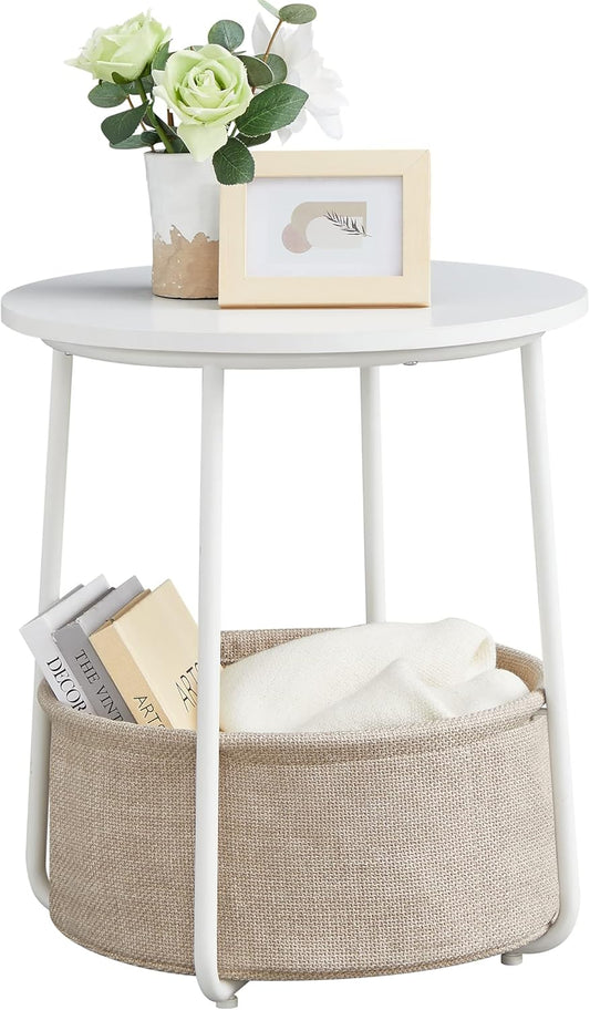 End Table, Small Bedside Table with Fabric Basket, Modern Nightstand, round Side Table, for Living Room, Bedroom, Matte White and Camel Brown ULET223W10