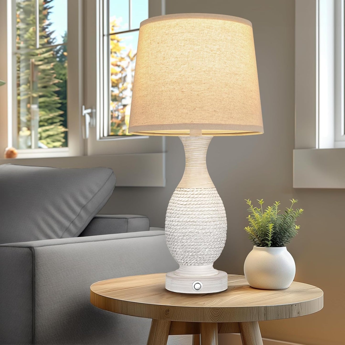 Farmhouse Side Table Lamps-Set of 2, 3-Way Dimmable Touch Lamps with Oat Fabric Shade (Bulbs Included)