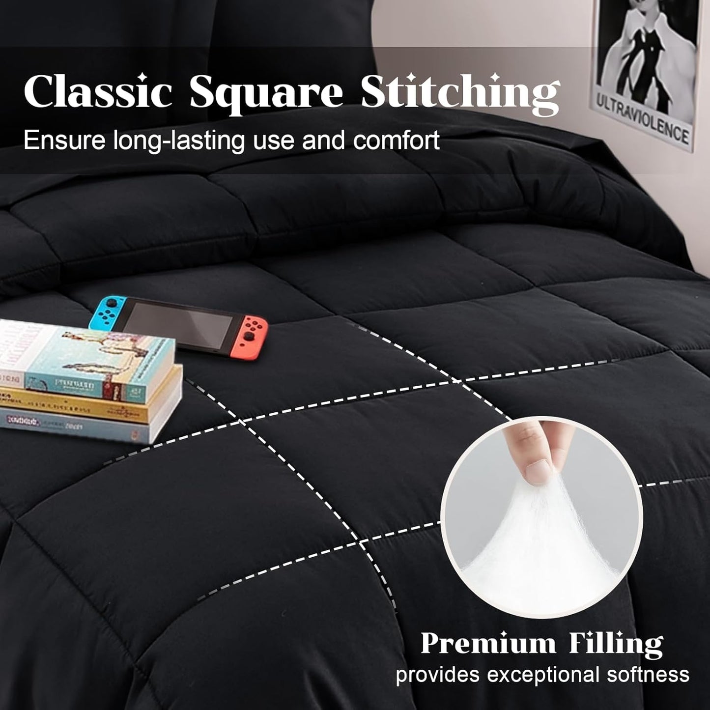 Twin Comforter Set, Ultra-Soft Bed in a Bag Twin Size 5 Pieces, Oeko-Tex Certified Bedding Set with down Alternative Comforter, Sheets, Pillowcases & Shams, Black