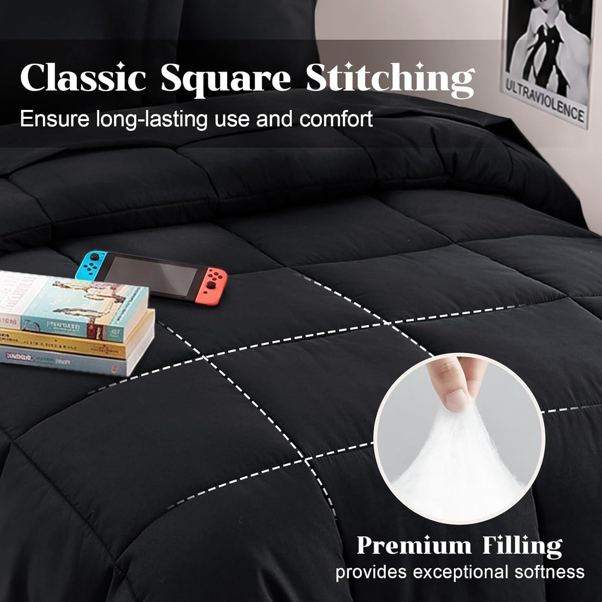 Twin Comforter Set, Ultra-Soft Bed in a Bag Twin Size 5 Pieces, Oeko-Tex Certified Bedding Set with down Alternative Comforter, Sheets, Pillowcases & Shams, Black