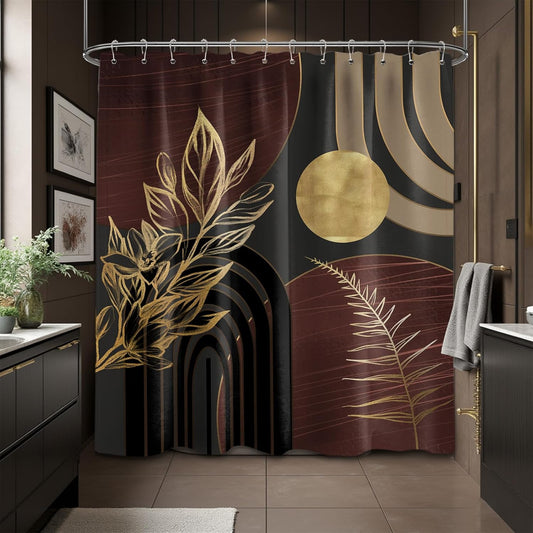 Dark Brown and Black Shower Curtain Boho Mid Century Gold and Brown Shower Curtains for Bathroom Decor, Waterproof Cloth Fabric with Hooks, 70" W X 72" L