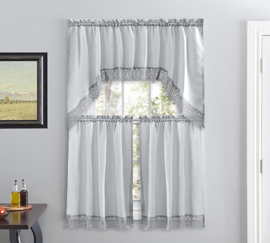 Café Curtains for Kitchen, Curtains with Valance, Embroidered Lace Border. (Steele Gray)