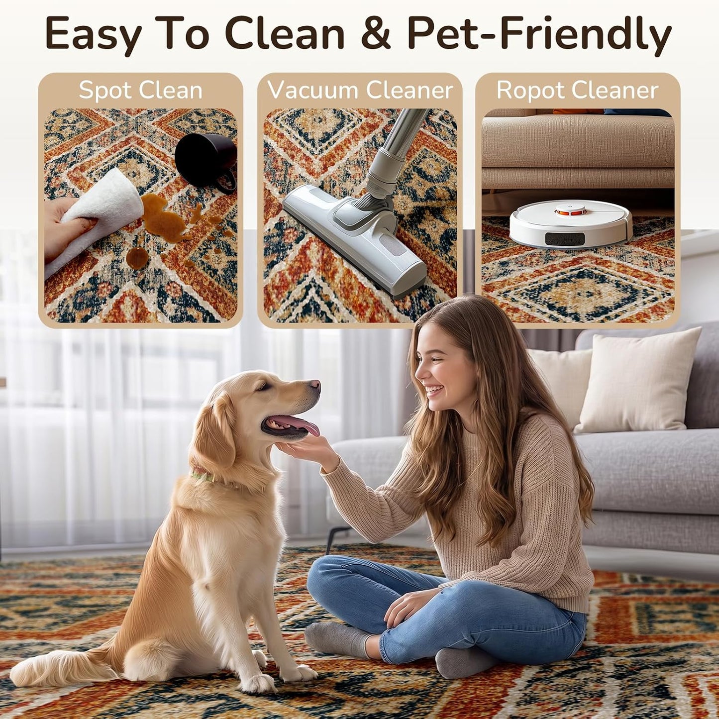 Low Pile Print Pattern Western Area Rug 5X7 Non-Slip - Orange/Brown