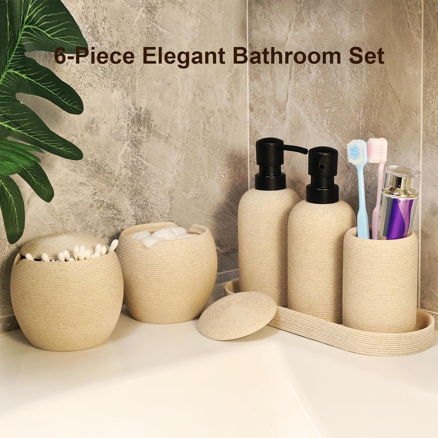 6-Piece Bathroom Accessories Set - Resin Bathroom Set, Lotion Dispenser, Tumbler, Vanity Tray, Cotton Swab Jars with Lids, Bathroom Organizer, Elegant Bath Decor for Home Dorm Hotel Countertop (Beige)