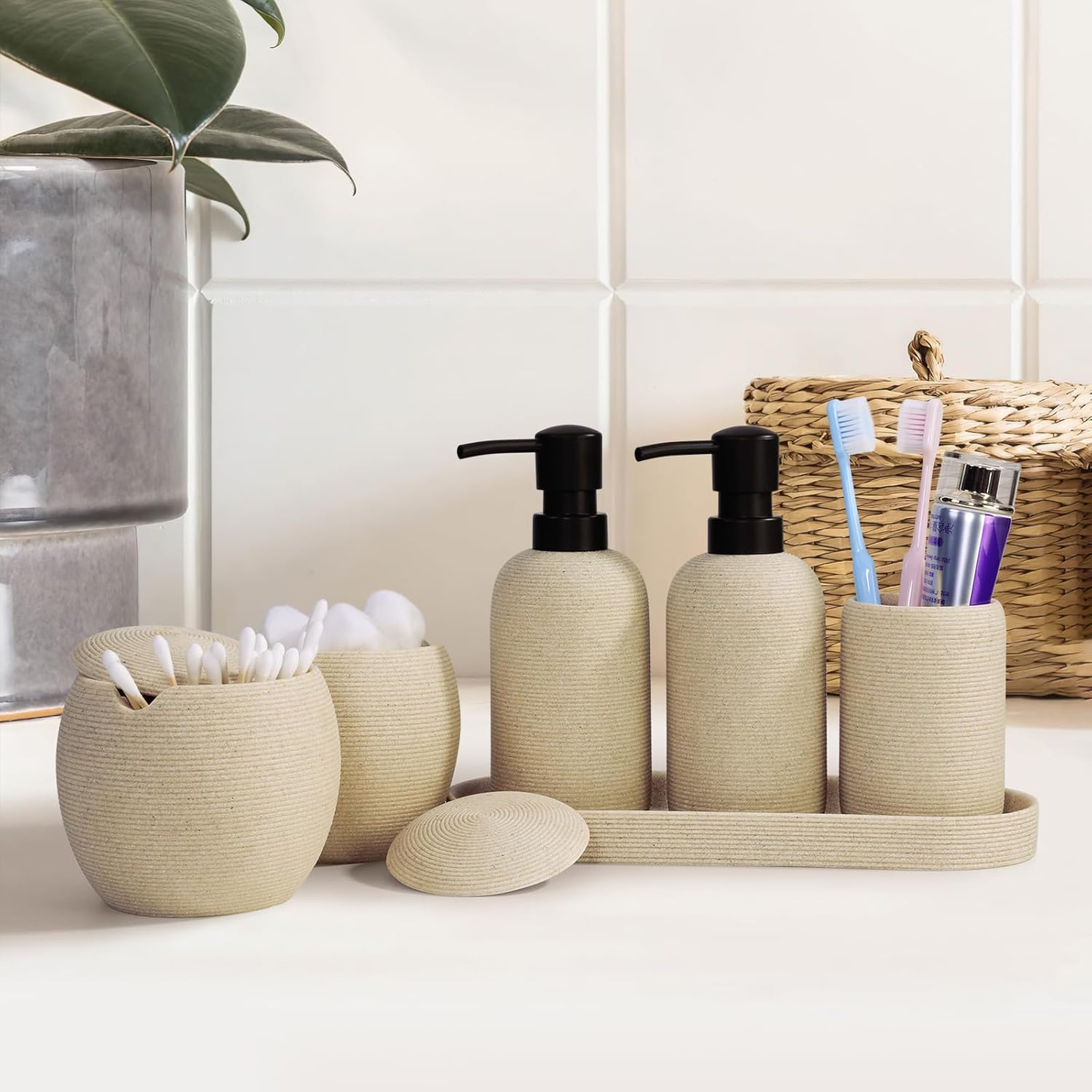 6-Piece Bathroom Accessories Set - Resin Bathroom Set, Lotion Dispenser, Tumbler, Vanity Tray, Cotton Swab Jars with Lids, Bathroom Organizer, Elegant Bath Decor for Home Dorm Hotel Countertop (Beige)
