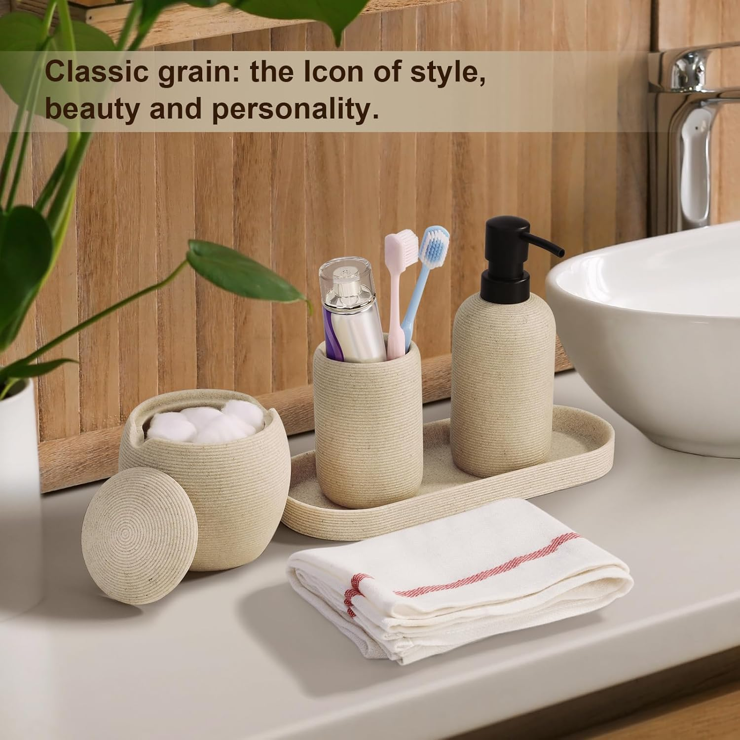 6-Piece Bathroom Accessories Set - Resin Bathroom Set, Lotion Dispenser, Tumbler, Vanity Tray, Cotton Swab Jars with Lids, Bathroom Organizer, Elegant Bath Decor for Home Dorm Hotel Countertop (Beige)