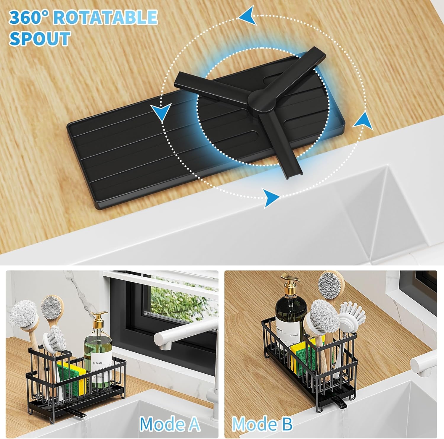Black Sponge Holder for Kitchen Sink, Sink Caddy Organizer with High Brush Holder, Storage Essentials, Rustproof 304 Stainless Steel