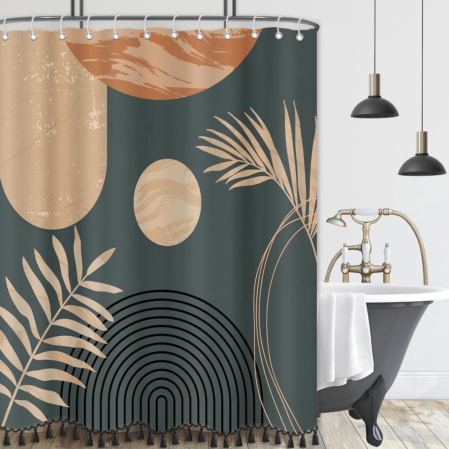 Boho Mid Century Leaf Shower Curtain Set, Arch Sun Design, Minimalistic Leaves Pattern, (Brown-72" X 72")