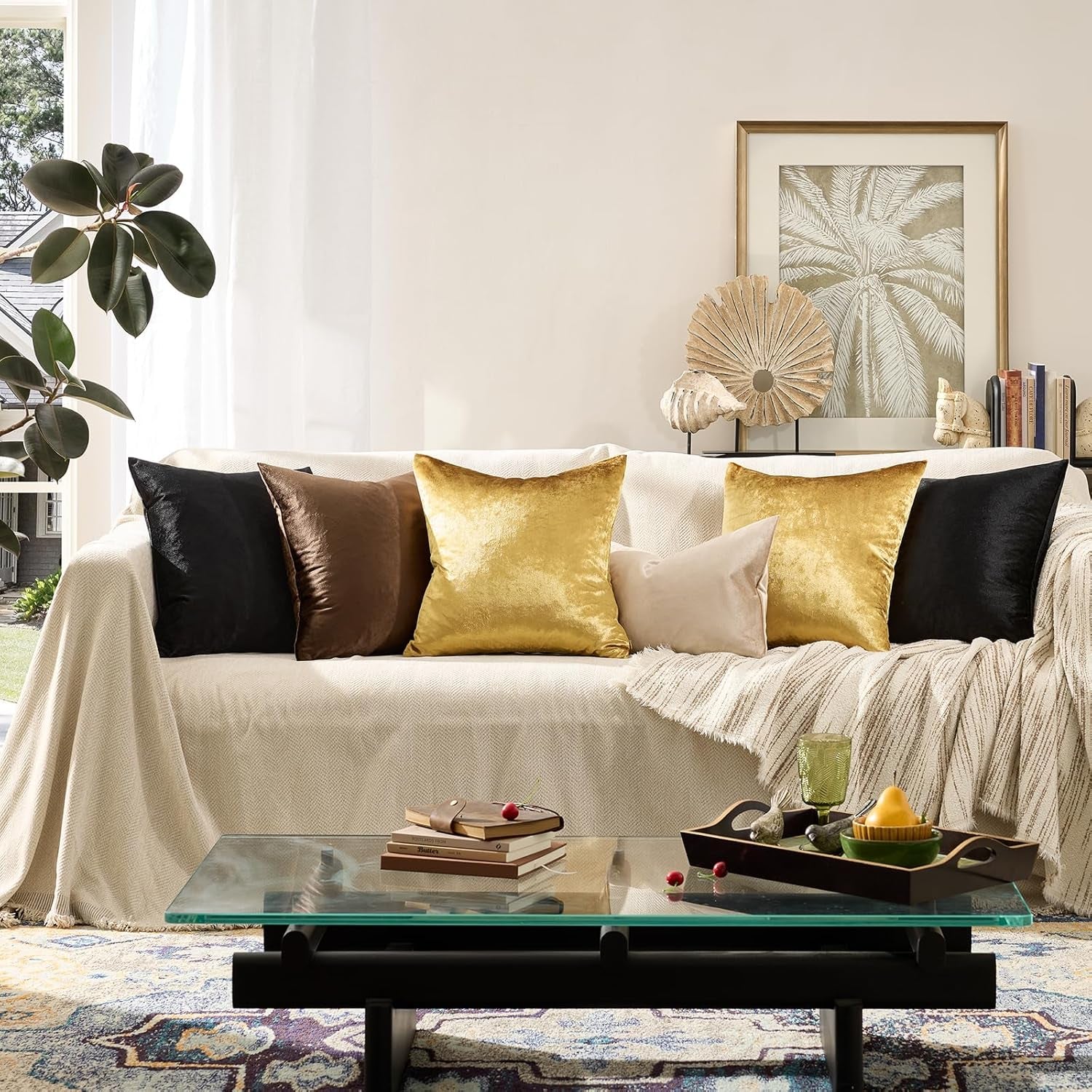 Gold Velvet Decorative 20X20 Throw Pillow Covers for Sofa Bed 2 Pack Soft Cushion Cover