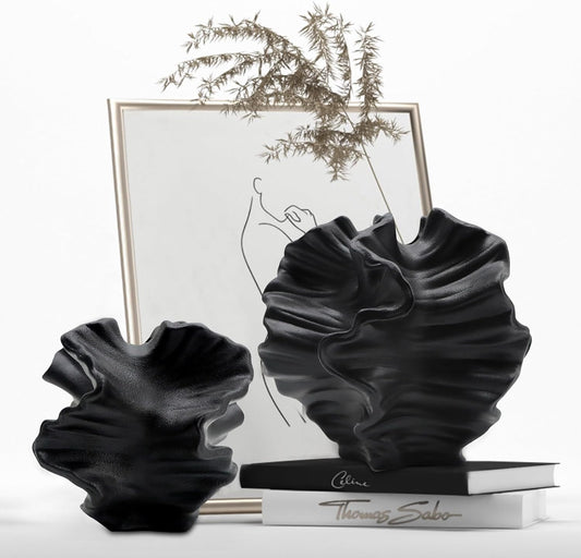 Ceramic Vase - Set of 2 for Home Decor,Black Flower Shape Pampas Vases Minimalist Nordic Boho Style for Modern Farmhouse Decor, Living Room、 Kitchen、Mantle、Bedroom、Dining Table、Office