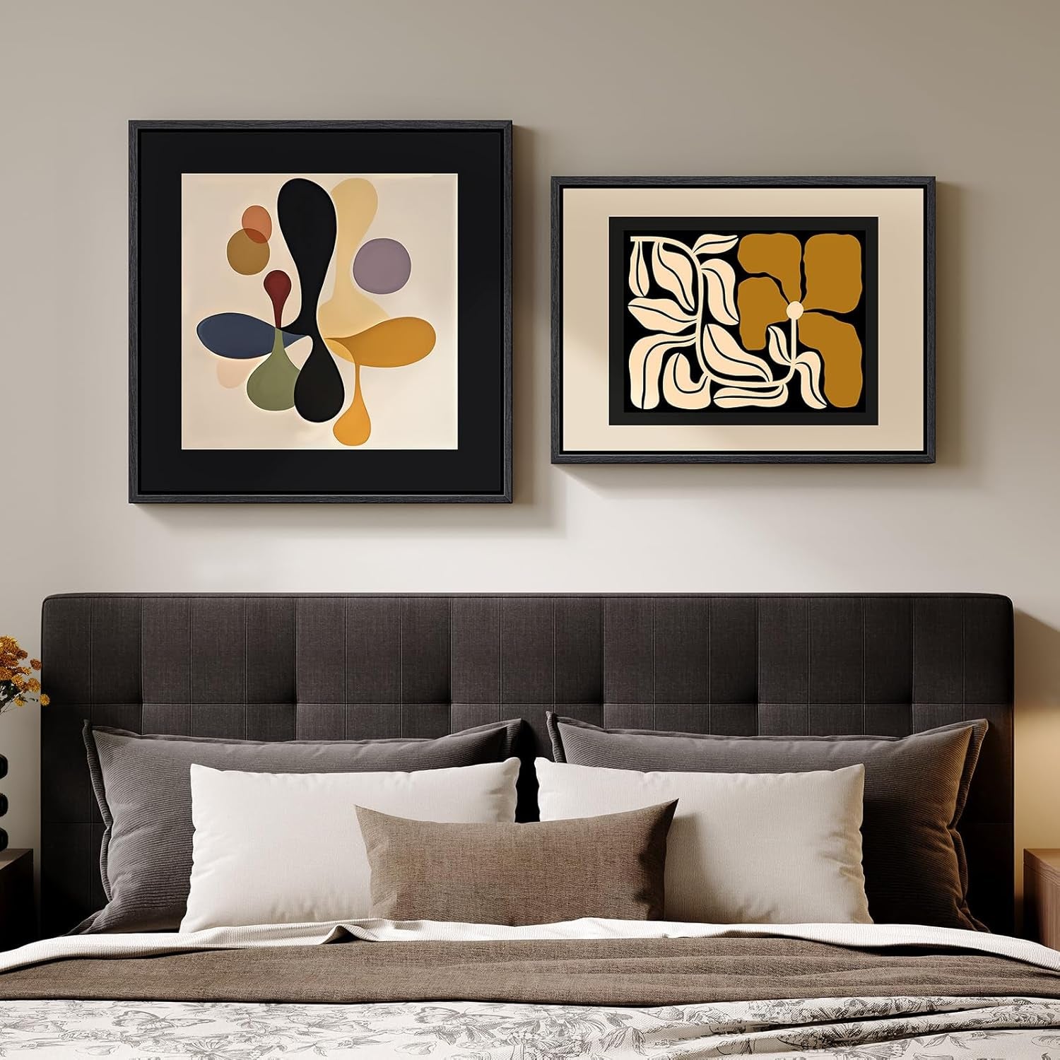 Framed Abstract Neutral Boho Wall Art Set of 2 for Living Room, Mid Century Modern Floral Print Canvas Artwork for Walls, 24X24 & 24X18 Inch