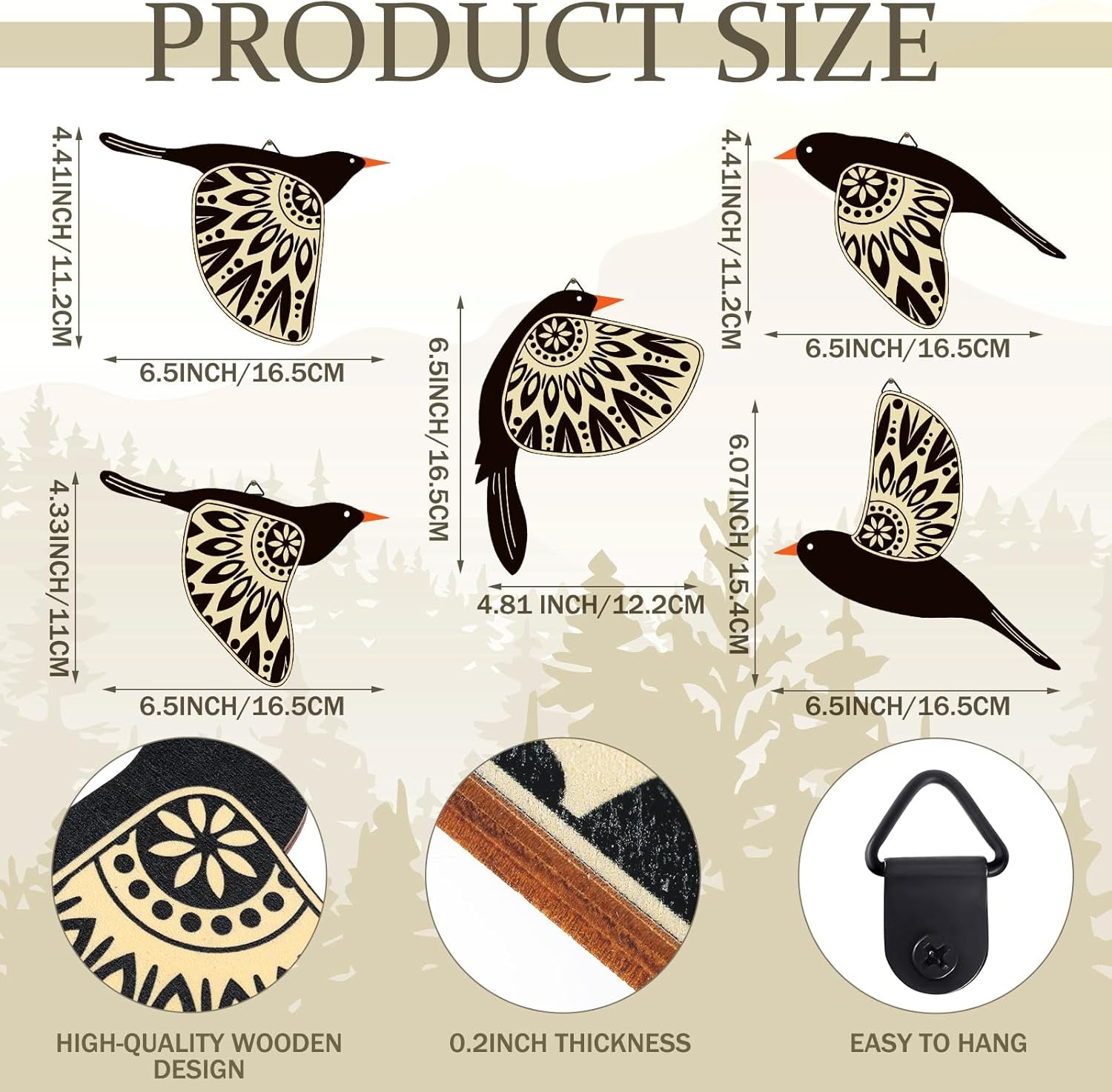 5 Pcs Wooden Bird Wall Art Wood Flying Birds Wall Decor (Black)