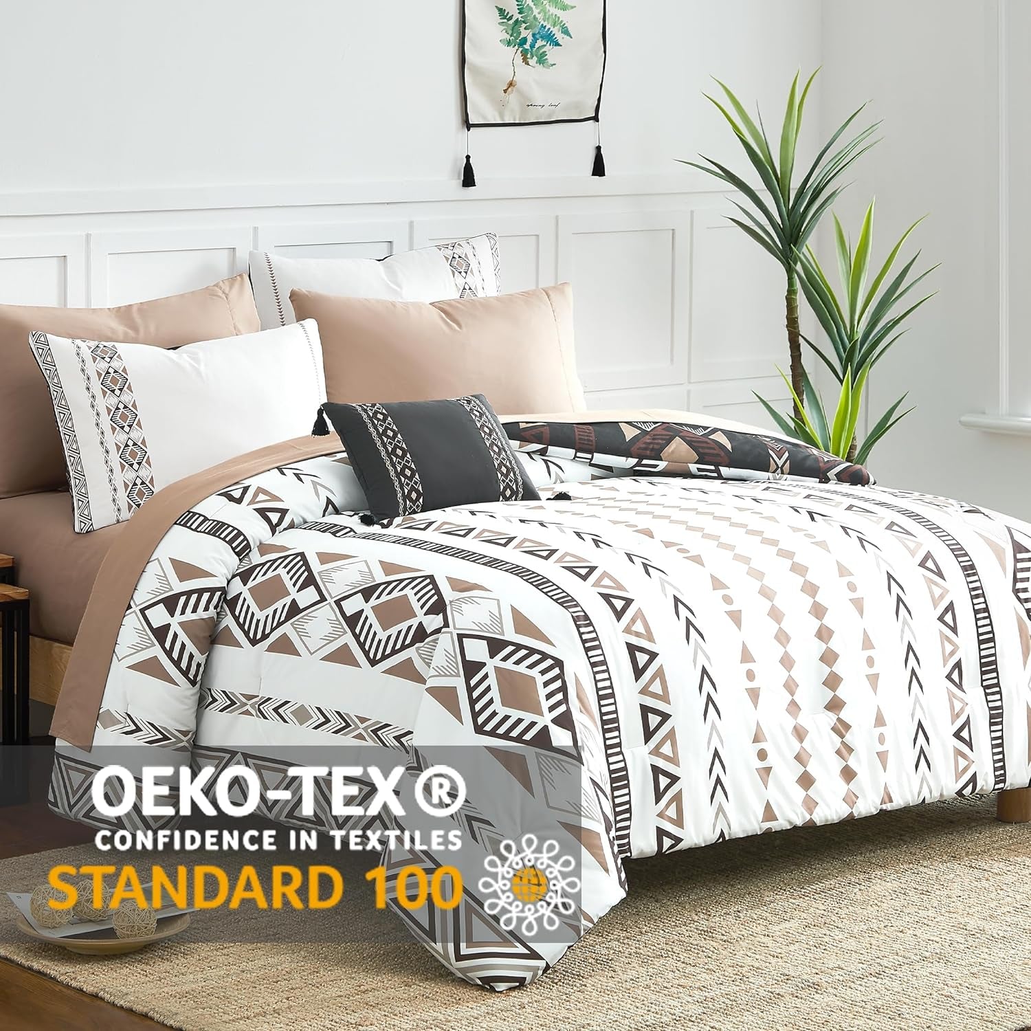 Boho Aztec Queen Size Comforter Set 8 Pieces, Lightweight, Warm and Breathable (Brown, 90"X90")