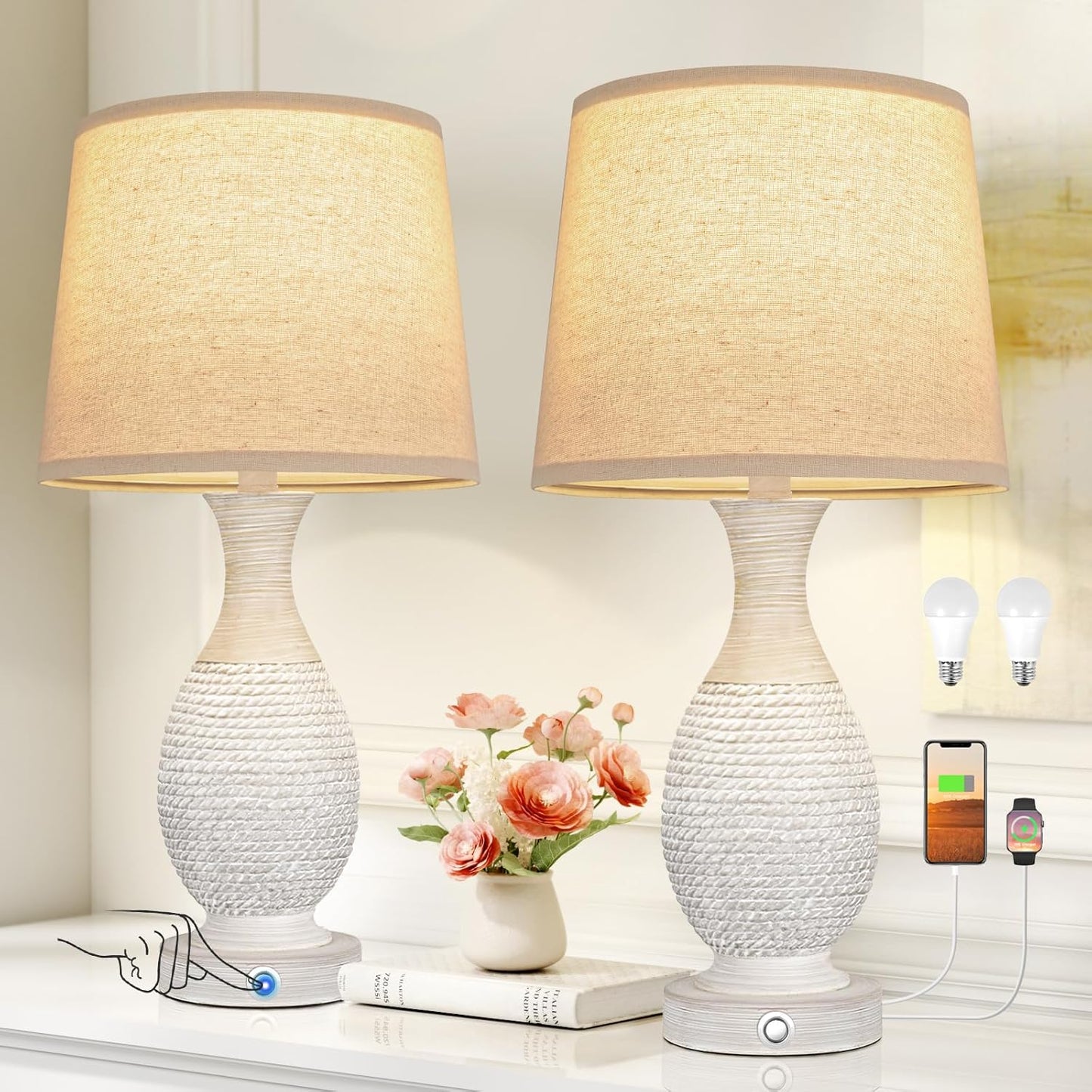 Farmhouse Side Table Lamps-Set of 2, 3-Way Dimmable Touch Lamps with Oat Fabric Shade (Bulbs Included)