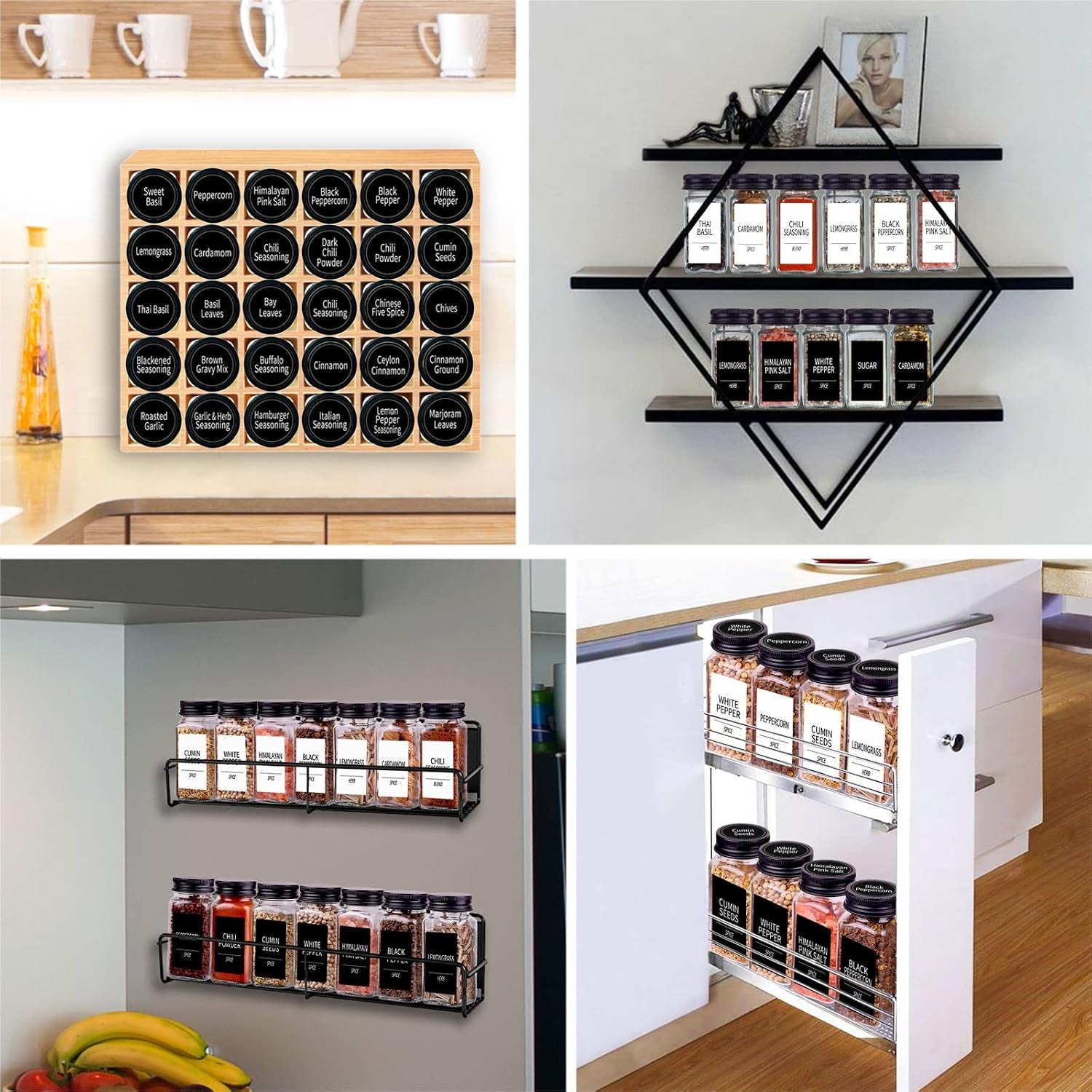 36 Pack Square Glass Spice Jars with Labels, 4Oz with Black Caps, Shaker Lids, 547 Labels, Funnel & Chalk Pen