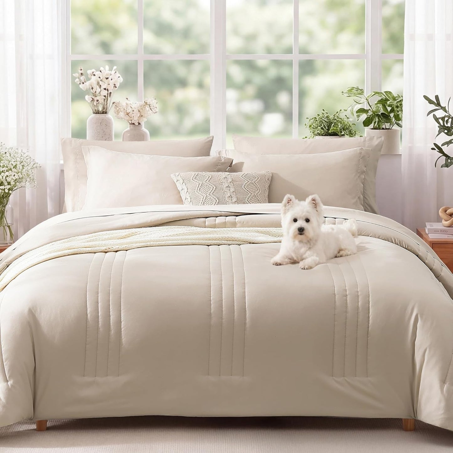 Queen Comforter Set-7 Pieces Beige Soft Bed in a Bag Queen Bedding Sets