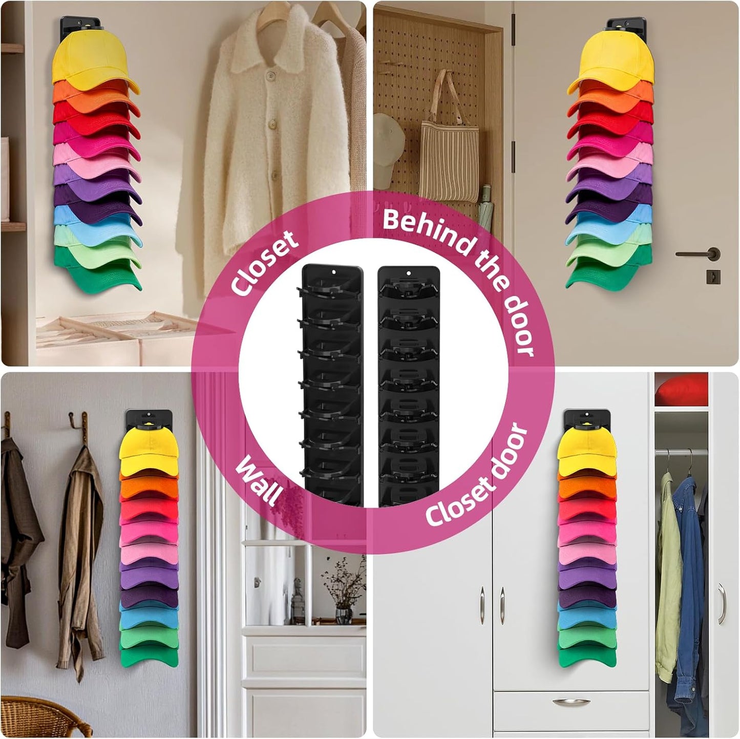 Spring-Loaded Hat Organizer for Baseball Caps (2 Pack) – Holds 20 Caps, Quick Insert & Smooth Release with Secure Hold, Wall Mount – Black