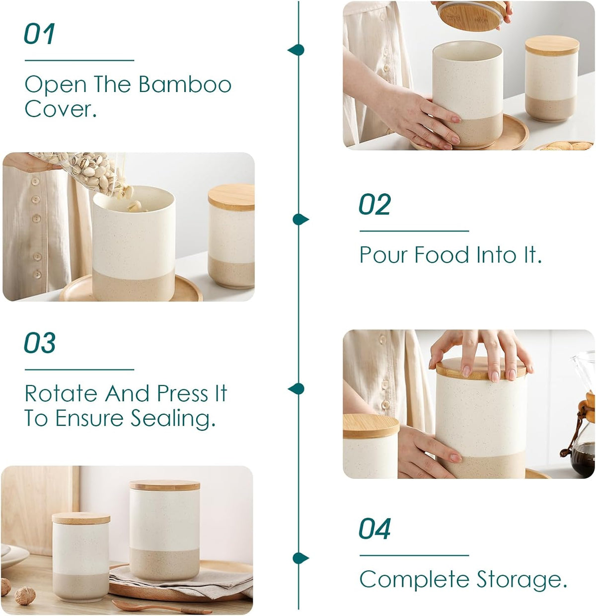 Sabine Kitchen Canister Set of 3, Ceramic Food Storage Containers with Airtight Wood Lids
