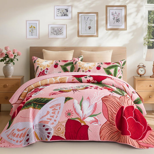3 Piece Pink Boho Floral Full/Queen Quilt Sets Farmhouse Botanical Reversible Lightweight Bedspread Butterfly Leaves, 118''X106''