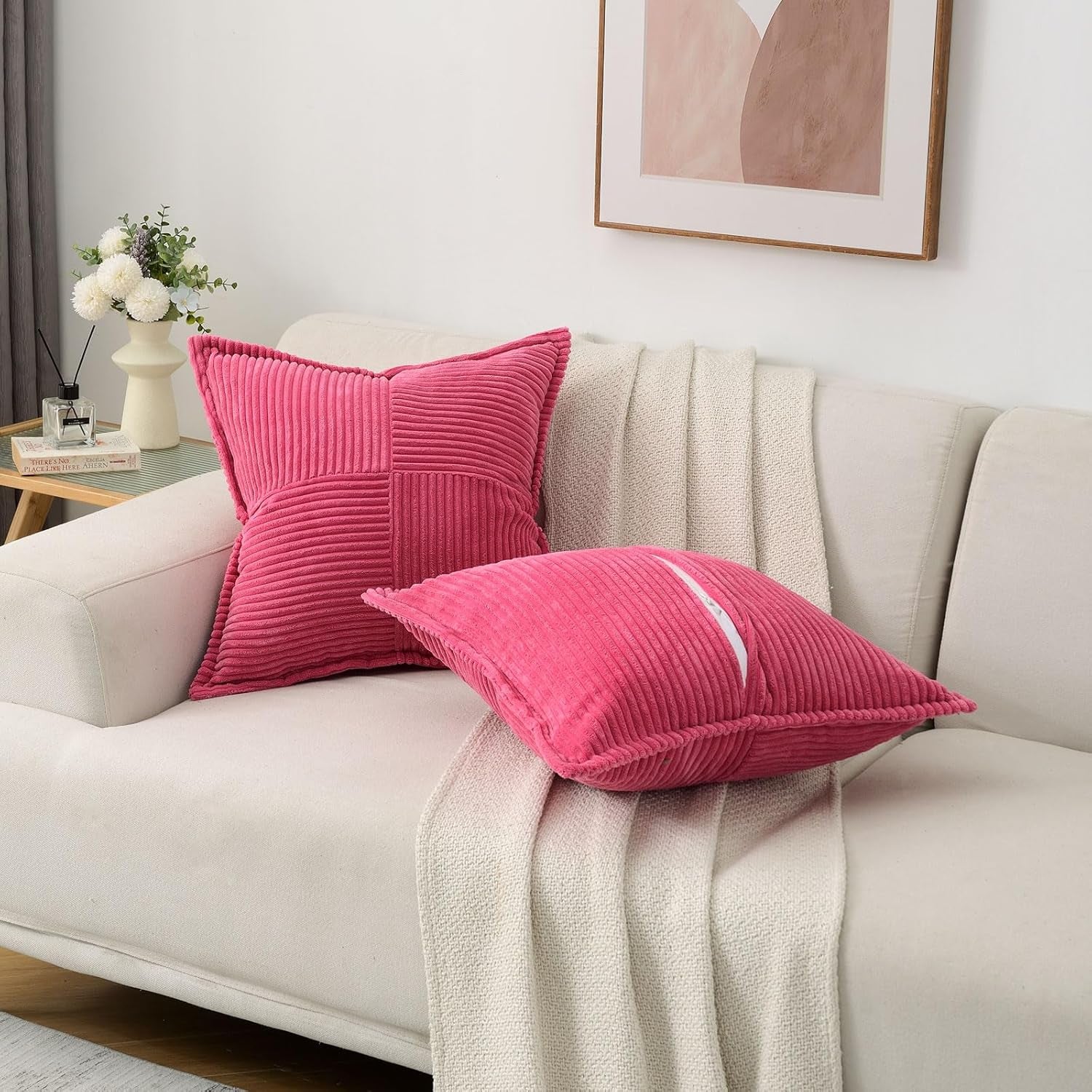 Hot Pink Throw Pillow Covers 18X18 Inch Set of 2, Soft Solid Corduroy Striped