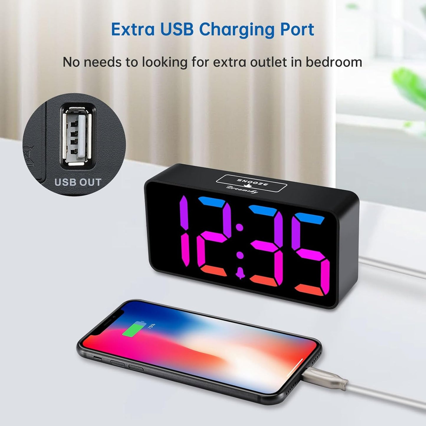 Small Digital Alarm Clocks for Bedrooms - RGB Electric Alarm Clock for Kids Bedside Nightstand, Desk Clock with Large Numbers, Dimmer, Adjustable Alarm Volume, USB Port, USB-C Adapter Powered