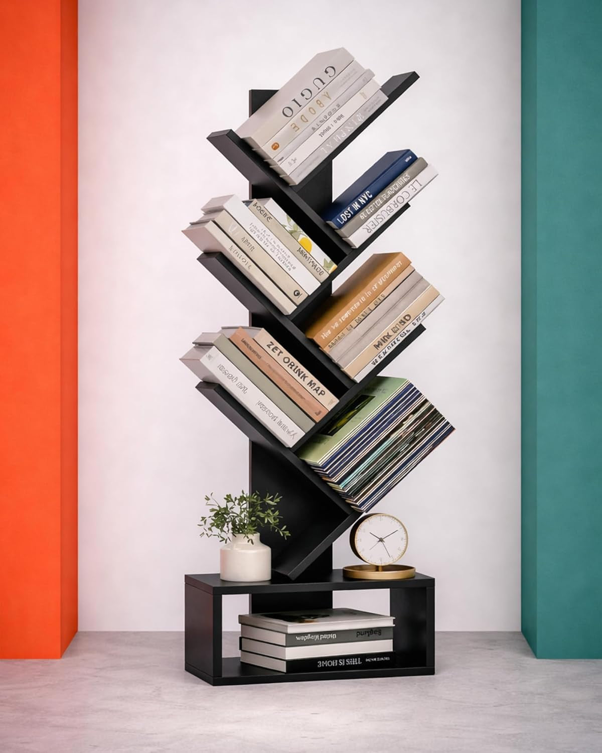 6 Tier Tree Book Shelf - Small Bookshelf Decor, Corner Bookshelf, Living Room Storage, Tall Narrow DVD & CD Shelf Storage Bookshelves, Black
