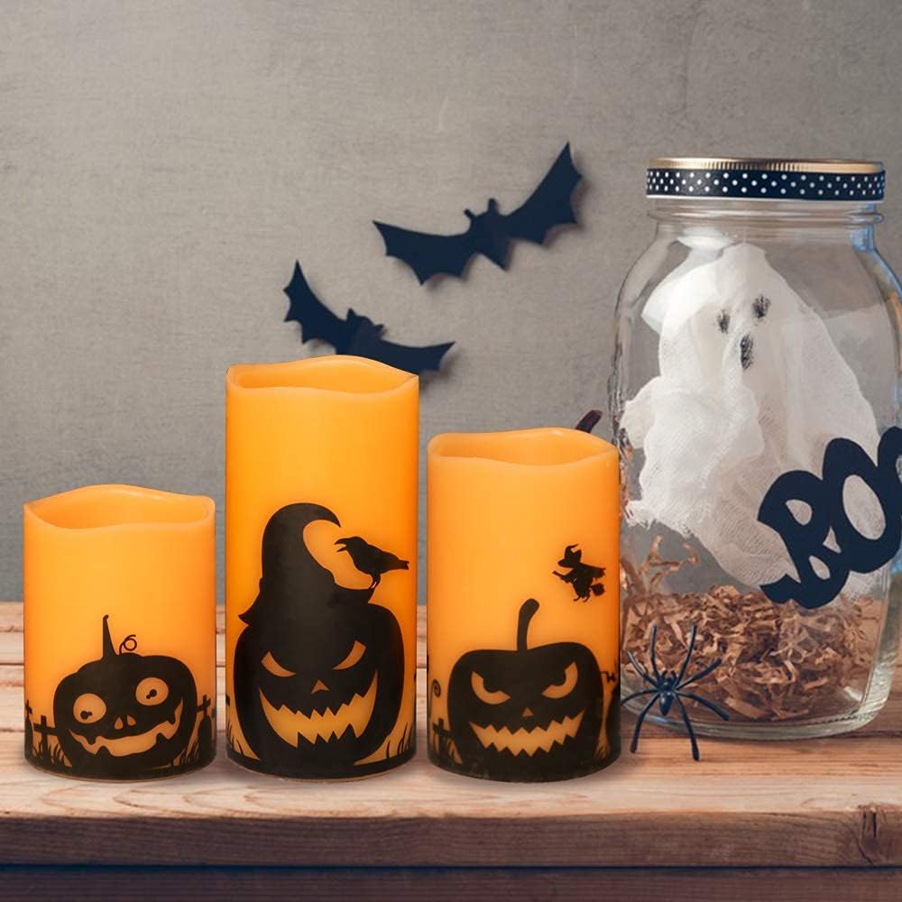Pumpkin Halloween Flameless Candles Battery Operated with Timer, 3"D X 4"5"6"H, 3 Pack