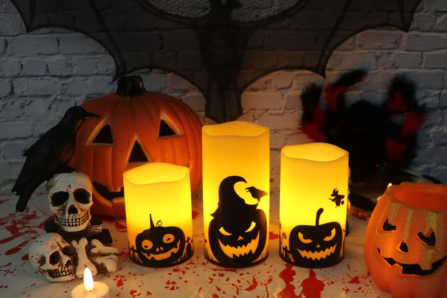 Pumpkin Halloween Flameless Candles Battery Operated with Timer, 3"D X 4"5"6"H, 3 Pack