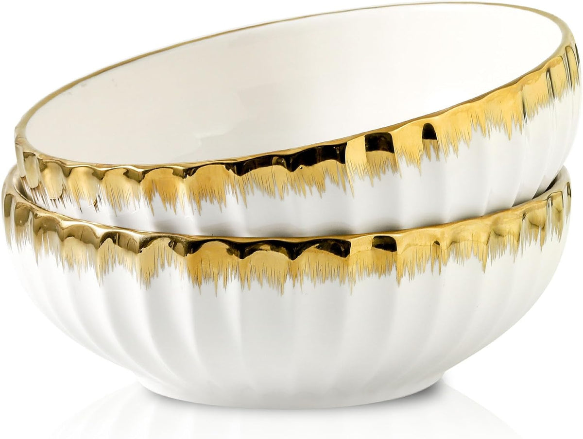 Serving Bowls, 10 Inch Ceramic Salad Bowl with Gold Trim, Set of 2