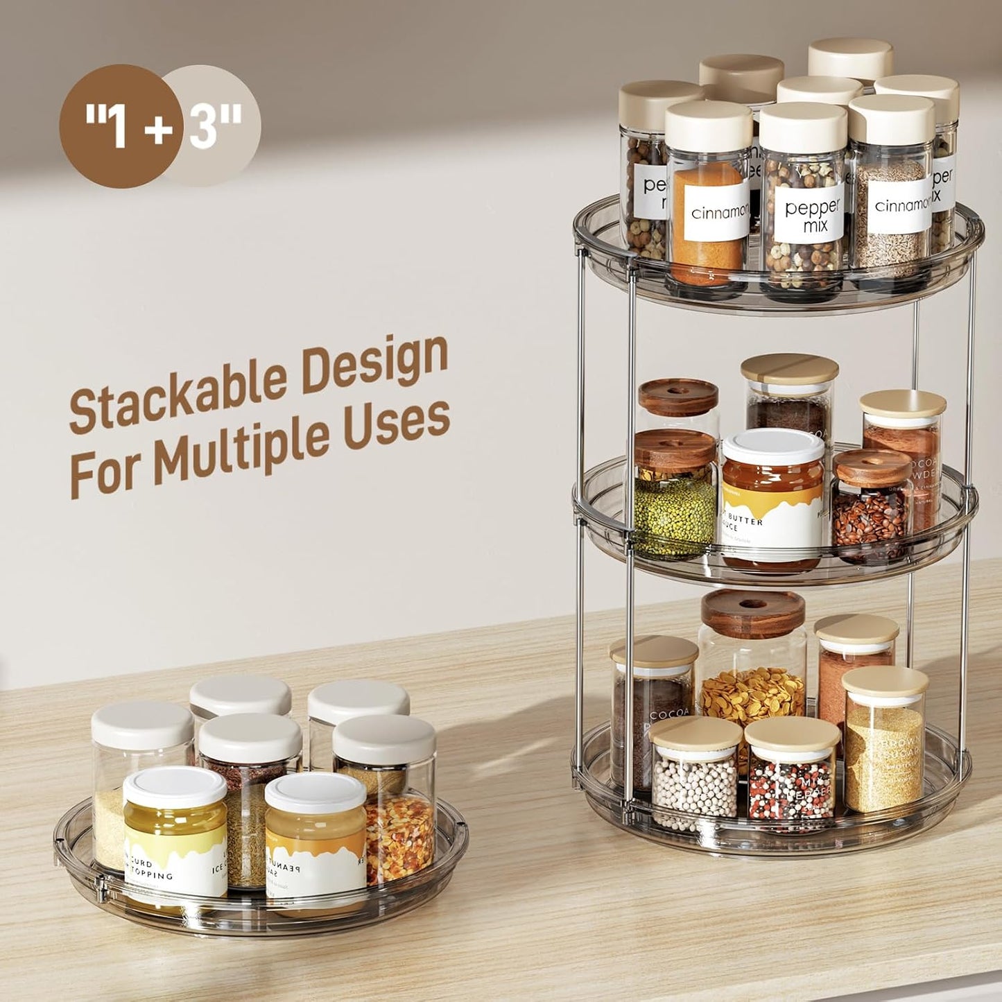 2 Tier Lazy Susan Turntable Organizer 9.25'' Rotating Spice Rack Organization for  Kitchen, Grey