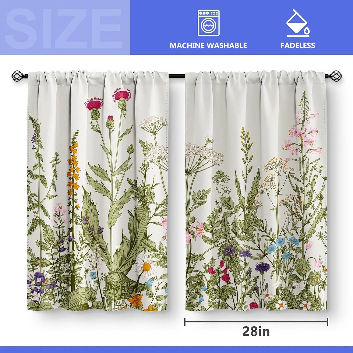 Colorful Leaves Kitchen Curtains - Floral Spring Botanical Tier Cafe Curtains Farmhouse Country Small Window Curtains Rod Pocket Window Drapes 24 Inch 2 Panels Set 28"X24"